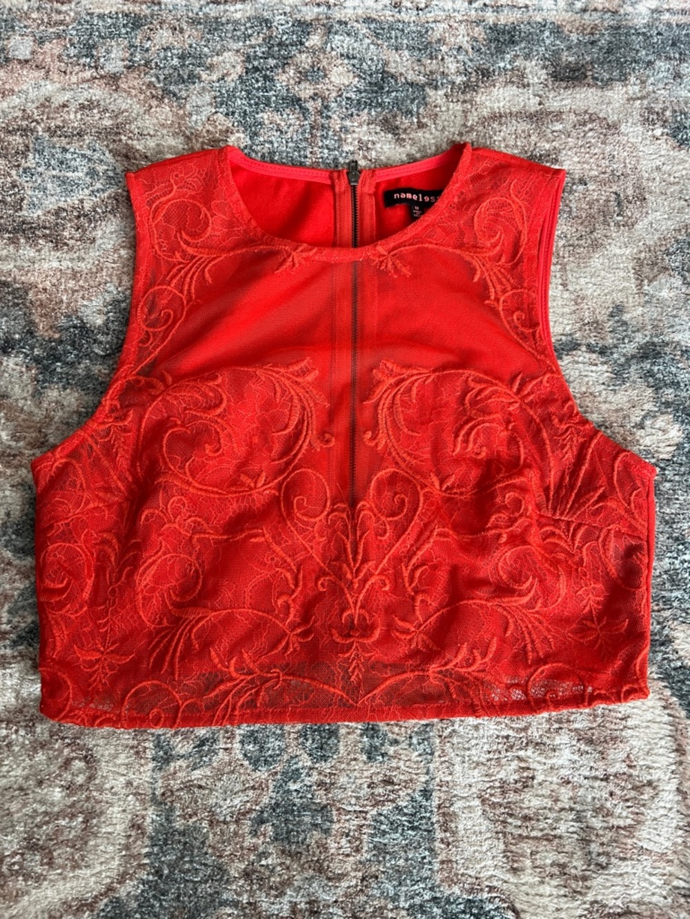 Nameless Bright Red/Orange Embroidered Lace Sheer Crop Top